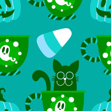 Cadılar Bayramı hayvanları kağıt, kumaş, çarşaf ve çocuk kıyafetleri ve parti aksesuarları için kusursuz kedi desenleri. Yüksek kaliteli illüstrasyon