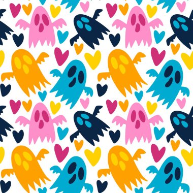 Cadılar Bayramı hayaletleri kağıt, kumaş, çarşaf ve çocuk giysileri baskısı, ambalaj ve şenlikli aksesuarlar için kusursuz çizgi film desenleri. Yüksek kaliteli illüstrasyon