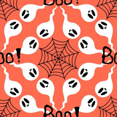 Cadılar Bayramı hayaletleri kağıt, kumaş, çarşaf ve çocuk giysileri baskısı, ambalaj ve şenlikli aksesuarlar için kusursuz çizgi film desenleri. Yüksek kaliteli illüstrasyon