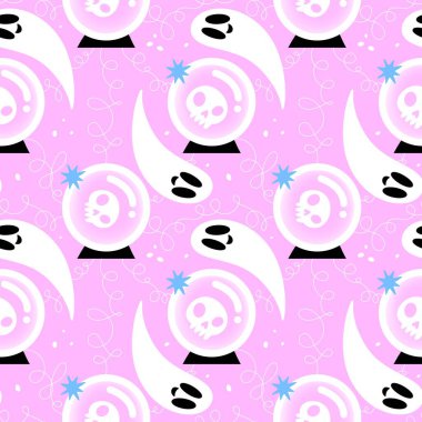 Cadılar Bayramı hayaletleri kağıt, kumaş, çarşaf ve çocuk giysileri baskısı, ambalaj ve şenlikli aksesuarlar için kusursuz çizgi film desenleri. Yüksek kaliteli illüstrasyon