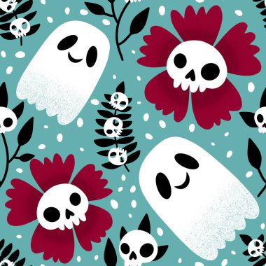 Cadılar Bayramı hayaletleri kağıt, kumaş, çarşaf ve çocuk giysileri baskısı, ambalaj ve şenlikli aksesuarlar için kusursuz çizgi film desenleri. Yüksek kaliteli illüstrasyon