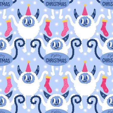 Kış canavarları, kağıt, kumaş, çarşaf ve çocuk giysileri baskısı ve yeni yıl ambalajı için kusursuz Noel Yeti desenleri. Yüksek kaliteli illüstrasyon