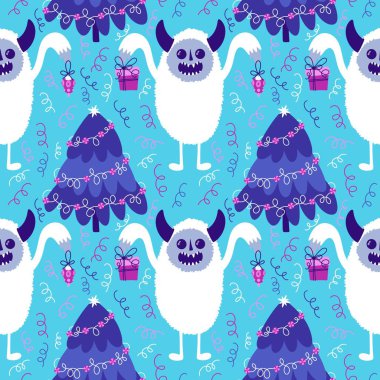 Kış canavarları, kağıt, kumaş, çarşaf ve çocuk giysileri baskısı ve yeni yıl ambalajı için kusursuz Noel Yeti desenleri. Yüksek kaliteli illüstrasyon