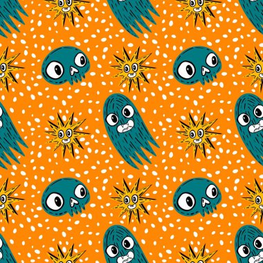 Cadılar Bayramı hayaletleri kağıt, kumaş, çarşaf ve çocuk giysileri baskısı, ambalaj ve şenlikli aksesuarlar için kusursuz çizgi film desenleri. Yüksek kaliteli illüstrasyon