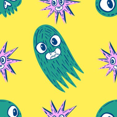 Cadılar Bayramı hayaletleri kağıt, kumaş, çarşaf ve çocuk giysileri baskısı, ambalaj ve şenlikli aksesuarlar için kusursuz çizgi film desenleri. Yüksek kaliteli illüstrasyon