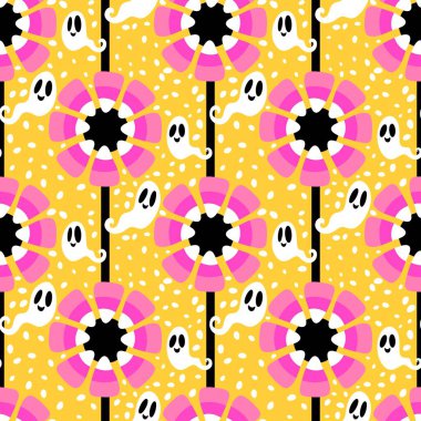 Cadılar Bayramı hayaletleri kağıt, kumaş, çarşaf ve çocuk giysileri baskısı, ambalaj ve şenlikli aksesuarlar için kusursuz çizgi film desenleri. Yüksek kaliteli illüstrasyon