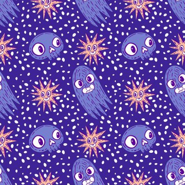 Cadılar Bayramı hayaletleri kağıt, kumaş, çarşaf ve çocuk giysileri baskısı, ambalaj ve şenlikli aksesuarlar için kusursuz çizgi film desenleri. Yüksek kaliteli illüstrasyon