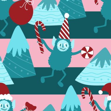 Kış canavarları, kağıt, kumaş, çarşaf ve çocuk giysileri baskısı ve yeni yıl ambalajı için kusursuz Noel Yeti desenleri. Yüksek kaliteli illüstrasyon