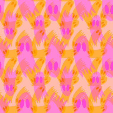 Cadılar Bayramı hayaletleri kağıt, kumaş, çarşaf ve çocuk giysileri baskısı, ambalaj ve şenlikli aksesuarlar için kusursuz çizgi film desenleri. Yüksek kaliteli illüstrasyon