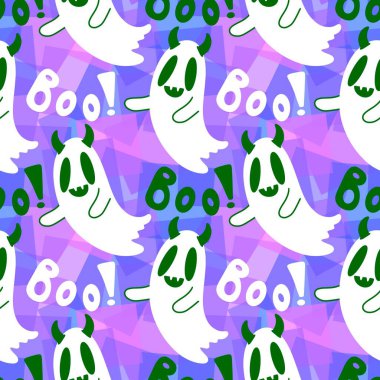 Cadılar Bayramı hayaletleri kağıt, kumaş, çarşaf ve çocuk giysileri baskısı, ambalaj ve şenlikli aksesuarlar için kusursuz çizgi film desenleri. Yüksek kaliteli illüstrasyon