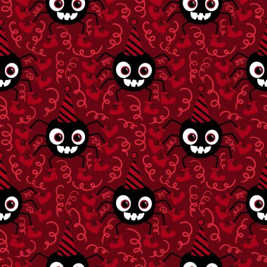 Çizgi film canavarları, duvar kağıtları, kumaşlar, tekstil ve ambalajlar, çarşaflar ve çocuk giysileri baskıları ve ambalaj kağıtları için kusursuz Cadılar Bayramı örümceği desenleri. Yüksek kaliteli illüstrasyon