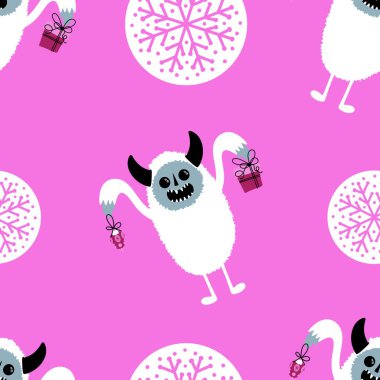 Kış canavarları, kağıt, kumaş, çarşaf ve çocuk giysileri baskısı ve yeni yıl ambalajı için kusursuz Noel Yeti desenleri. Yüksek kaliteli illüstrasyon