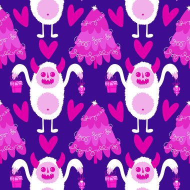 Kış canavarları, kağıt, kumaş, çarşaf ve çocuk giysileri baskısı ve yeni yıl ambalajı için kusursuz Noel Yeti desenleri. Yüksek kaliteli illüstrasyon