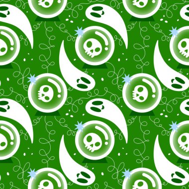 Cadılar Bayramı hayaletleri kağıt, kumaş, çarşaf ve çocuk giysileri baskısı, ambalaj ve şenlikli aksesuarlar için kusursuz çizgi film desenleri. Yüksek kaliteli illüstrasyon