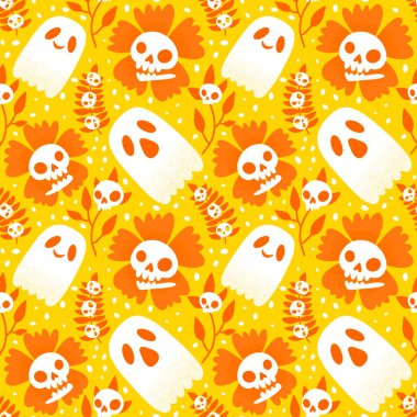 Cadılar Bayramı hayaletleri kağıt, kumaş, çarşaf ve çocuk giysileri baskısı, ambalaj ve şenlikli aksesuarlar için kusursuz çizgi film desenleri. Yüksek kaliteli illüstrasyon