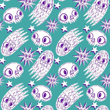 Cadılar Bayramı hayaletleri kağıt, kumaş, çarşaf ve çocuk giysileri baskısı, ambalaj ve şenlikli aksesuarlar için kusursuz çizgi film desenleri. Yüksek kaliteli illüstrasyon