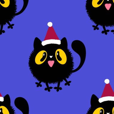 Çizgi filmlerdeki komik kediler ambalajsız Noel desenleri ve çocuk giysileri baskısı ve şenlikli ambalajlar ve kumaşlar ve çarşaflar ve yeni yıl ve Noel. Yüksek kaliteli illüstrasyon