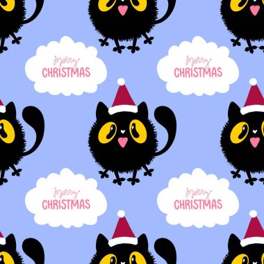 Çizgi filmlerdeki komik kediler ambalajsız Noel desenleri ve çocuk giysileri baskısı ve şenlikli ambalajlar ve kumaşlar ve çarşaflar ve yeni yıl ve Noel. Yüksek kaliteli illüstrasyon