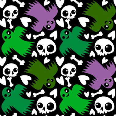 Cadılar Bayramı hayaletleri kağıt, kumaş, çarşaf ve çocuk giysileri baskısı, ambalaj ve şenlikli aksesuarlar için kusursuz çizgi film desenleri. Yüksek kaliteli illüstrasyon