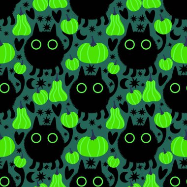 Cadılar Bayramı hayvanları kağıt, kumaş, çarşaf ve çocuk kıyafetleri ve parti aksesuarları için kusursuz kedi desenleri. Yüksek kaliteli illüstrasyon