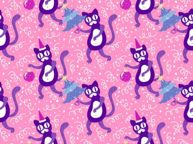 Çizgi filmlerdeki komik kediler ambalajsız Noel desenleri ve çocuk giysileri baskısı ve şenlikli ambalajlar ve kumaşlar ve çarşaflar ve yeni yıl ve Noel. Yüksek kaliteli illüstrasyon