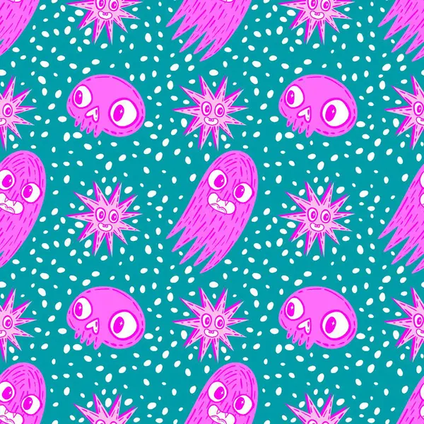 Cadılar Bayramı hayaletleri kağıt, kumaş, çarşaf ve çocuk giysileri baskısı, ambalaj ve şenlikli aksesuarlar için kusursuz çizgi film desenleri. Yüksek kaliteli illüstrasyon