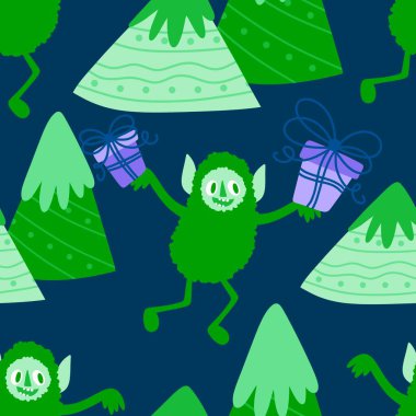 Kış canavarları, kağıt, kumaş, çarşaf ve çocuk giysileri baskısı ve yeni yıl ambalajı için kusursuz Noel Yeti desenleri. Yüksek kaliteli illüstrasyon