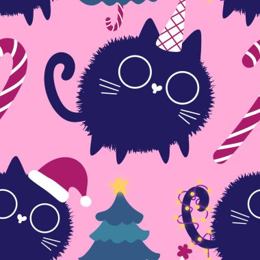 Çizgi filmlerdeki komik kediler ambalajsız Noel desenleri ve çocuk giysileri baskısı ve şenlikli ambalajlar ve kumaşlar ve çarşaflar ve yeni yıl ve Noel. Yüksek kaliteli illüstrasyon