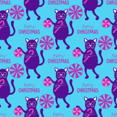 Çizgi filmlerdeki komik kediler ambalajsız Noel desenleri ve çocuk giysileri baskısı ve şenlikli ambalajlar ve kumaşlar ve çarşaflar ve yeni yıl ve Noel. Yüksek kaliteli illüstrasyon