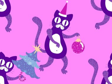 Çizgi filmlerdeki komik kediler ambalajsız Noel desenleri ve çocuk giysileri baskısı ve şenlikli ambalajlar ve kumaşlar ve çarşaflar ve yeni yıl ve Noel. Yüksek kaliteli illüstrasyon