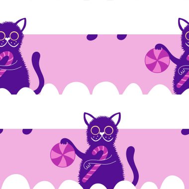 Çizgi filmlerdeki komik kediler ambalajsız Noel desenleri ve çocuk giysileri baskısı ve şenlikli ambalajlar ve kumaşlar ve çarşaflar ve yeni yıl ve Noel. Yüksek kaliteli illüstrasyon