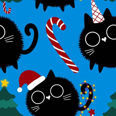 Çizgi filmlerdeki komik kediler ambalajsız Noel desenleri ve çocuk giysileri baskısı ve şenlikli ambalajlar ve kumaşlar ve çarşaflar ve yeni yıl ve Noel. Yüksek kaliteli illüstrasyon