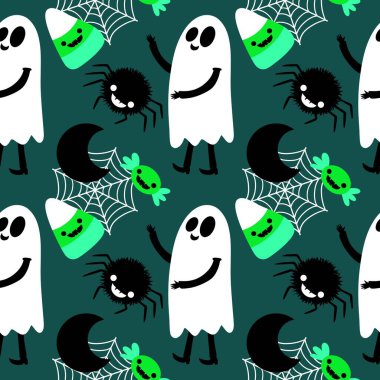 Cadılar Bayramı hayaletleri kağıt, kumaş, çarşaf ve çocuk giysileri baskısı, ambalaj ve şenlikli aksesuarlar için kusursuz çizgi film desenleri. Yüksek kaliteli illüstrasyon