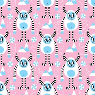 Kış canavarları, kağıt, kumaş, çarşaf ve çocuk giysileri baskısı ve yeni yıl ambalajı için kusursuz Noel Yeti desenleri. Yüksek kaliteli illüstrasyon