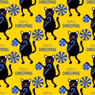 Çizgi filmlerdeki komik kediler ambalajsız Noel desenleri ve çocuk giysileri baskısı ve şenlikli ambalajlar ve kumaşlar ve çarşaflar ve yeni yıl ve Noel. Yüksek kaliteli illüstrasyon