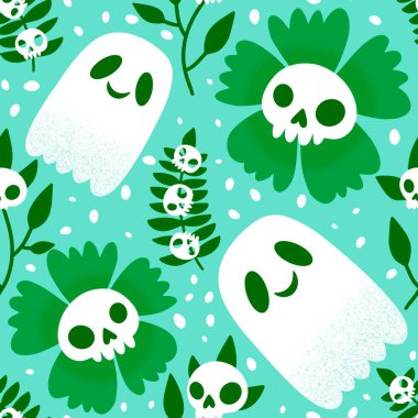 Cadılar Bayramı hayaletleri kağıt, kumaş, çarşaf ve çocuk giysileri baskısı, ambalaj ve şenlikli aksesuarlar için kusursuz çizgi film desenleri. Yüksek kaliteli illüstrasyon