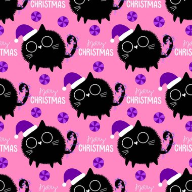 Çizgi filmlerdeki komik kediler ambalajsız Noel desenleri ve çocuk giysileri baskısı ve şenlikli ambalajlar ve kumaşlar ve çarşaflar ve yeni yıl ve Noel. Yüksek kaliteli illüstrasyon