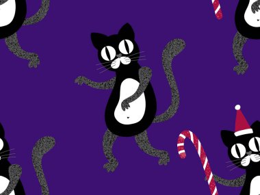 Çizgi filmlerdeki komik kediler ambalajsız Noel desenleri ve çocuk giysileri baskısı ve şenlikli ambalajlar ve kumaşlar ve çarşaflar ve yeni yıl ve Noel. Yüksek kaliteli illüstrasyon