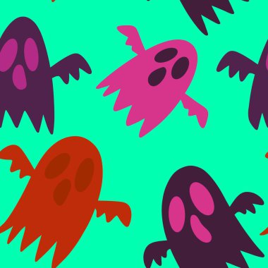 Cadılar Bayramı hayaletleri kağıt, kumaş, çarşaf ve çocuk giysileri baskısı, ambalaj ve şenlikli aksesuarlar için kusursuz çizgi film desenleri. Yüksek kaliteli illüstrasyon