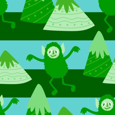 Kış canavarları, kağıt, kumaş, çarşaf ve çocuk giysileri baskısı ve yeni yıl ambalajı için kusursuz Noel Yeti desenleri. Yüksek kaliteli illüstrasyon