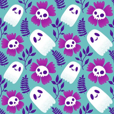 Cadılar Bayramı hayaletleri kağıt, kumaş, çarşaf ve çocuk giysileri baskısı, ambalaj ve şenlikli aksesuarlar için kusursuz çizgi film desenleri. Yüksek kaliteli illüstrasyon