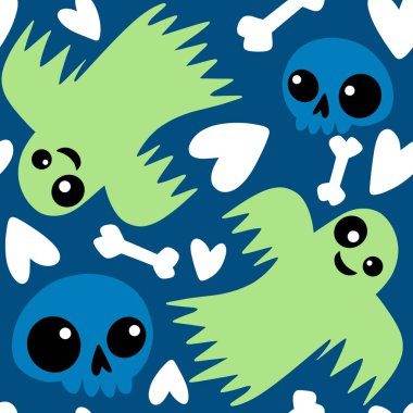 Cadılar Bayramı hayaletleri kağıt, kumaş, çarşaf ve çocuk giysileri baskısı, ambalaj ve şenlikli aksesuarlar için kusursuz çizgi film desenleri. Yüksek kaliteli illüstrasyon