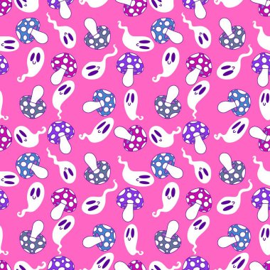 Cadılar Bayramı hayaletleri kağıt, kumaş, çarşaf ve çocuk giysileri baskısı, ambalaj ve şenlikli aksesuarlar için kusursuz çizgi film desenleri. Yüksek kaliteli illüstrasyon