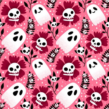 Cadılar Bayramı hayaletleri kağıt, kumaş, çarşaf ve çocuk giysileri baskısı, ambalaj ve şenlikli aksesuarlar için kusursuz çizgi film desenleri. Yüksek kaliteli illüstrasyon