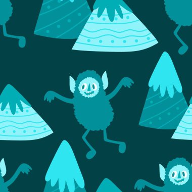 Kış canavarları, kağıt, kumaş, çarşaf ve çocuk giysileri baskısı ve yeni yıl ambalajı için kusursuz Noel Yeti desenleri. Yüksek kaliteli illüstrasyon