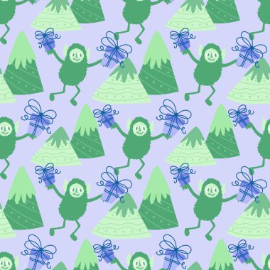 Kış canavarları, kağıt, kumaş, çarşaf ve çocuk giysileri baskısı ve yeni yıl ambalajı için kusursuz Noel Yeti desenleri. Yüksek kaliteli illüstrasyon