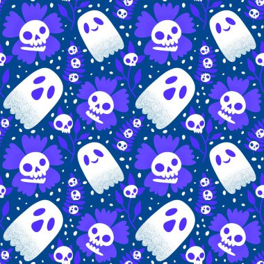 Cadılar Bayramı hayaletleri kağıt, kumaş, çarşaf ve çocuk giysileri baskısı, ambalaj ve şenlikli aksesuarlar için kusursuz çizgi film desenleri. Yüksek kaliteli illüstrasyon