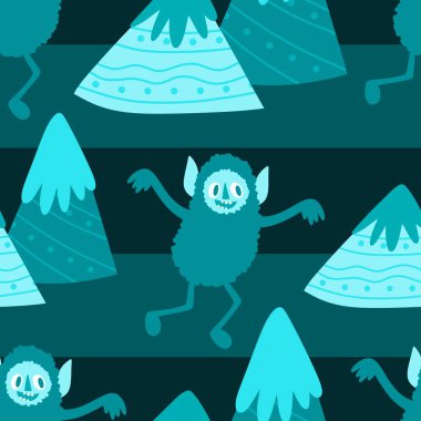 Kış canavarları, kağıt, kumaş, çarşaf ve çocuk giysileri baskısı ve yeni yıl ambalajı için kusursuz Noel Yeti desenleri. Yüksek kaliteli illüstrasyon