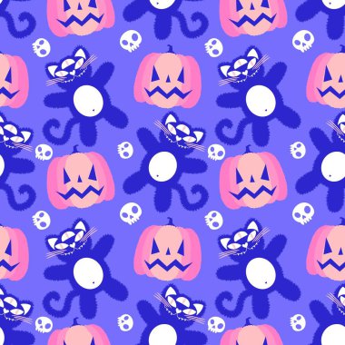 Cadılar Bayramı hayvanları kağıt, kumaş, çarşaf ve çocuk kıyafetleri ve parti aksesuarları için kusursuz kedi desenleri. Yüksek kaliteli illüstrasyon