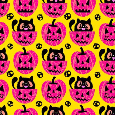 Cadılar Bayramı hayvanları kağıt, kumaş, çarşaf ve çocuk kıyafetleri ve parti aksesuarları için kusursuz kedi desenleri. Yüksek kaliteli illüstrasyon